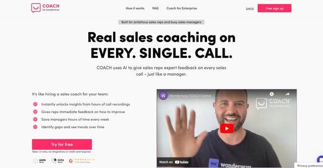 Wonderway Coach | COACH uses AI to give sales reps expert feedback on every sales call - just like a manager.