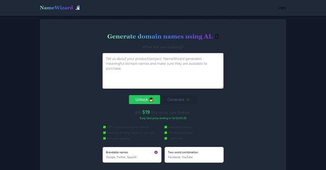 NameWizard | Instantly generate memorable domain names using AI and ensure availability for purchase.