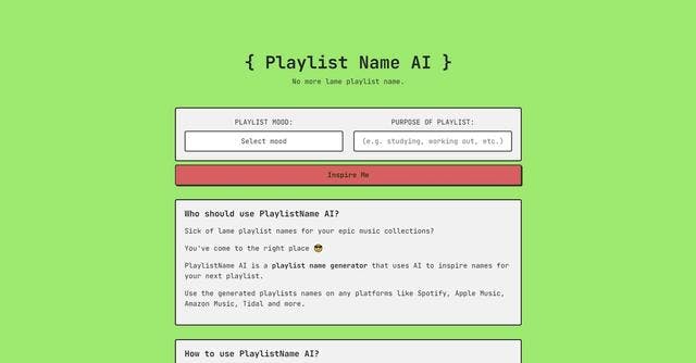 PlaylistName AI | Design engaging music playlist names with the mood-specific PlaylistName AI generator