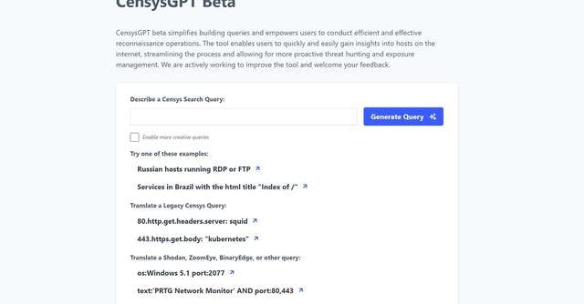 CensysGPT | Query-building tool for effective Censys searches and obtaining insights about internet hosts