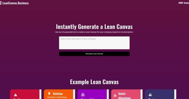 Lean Canvas | The AI Lean Canvas Generator is an AI-powered tool that helps businesses instantly generate a Lean Canvas based on their company description.