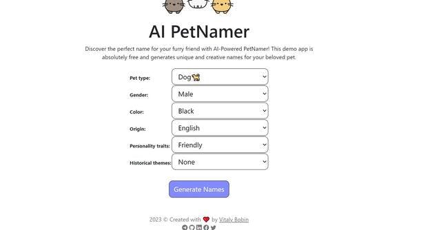 AI Pet Namer | AI-powered pet name generator for unique and creative pet names.