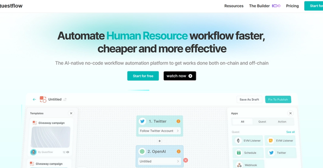 Questflow | Make AI-native workflow automations with no code for both on-chain and off-chain tasks and transactions