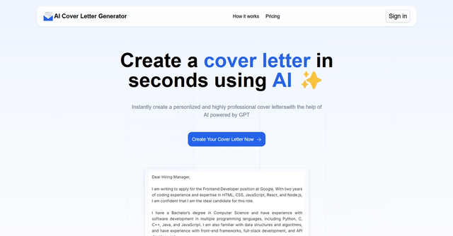 AI Cover Letter Generator | Create a cover letter in seconds using AI