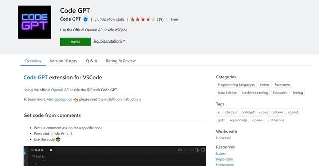 Code GPT | Using the official OpenAI API inside VSCode with Code GPT.