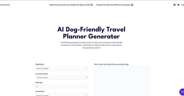 Pawmenow | AI tool that generates travel itineraries for dog owners based on dog-friendly destinations and activities