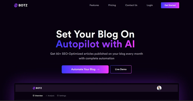 GetBotz | GetBotz can completely automate your blog with help of AI + Data. Just connect your blog and our Botz will post articles on your blog reguarly with focus on SEO on complete autopilot mode.